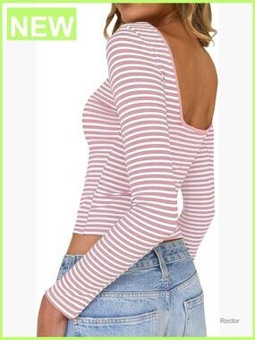 Sexy Backless Striped T-Shirt Crop Top Boat Neck Long Sleeve Going Out